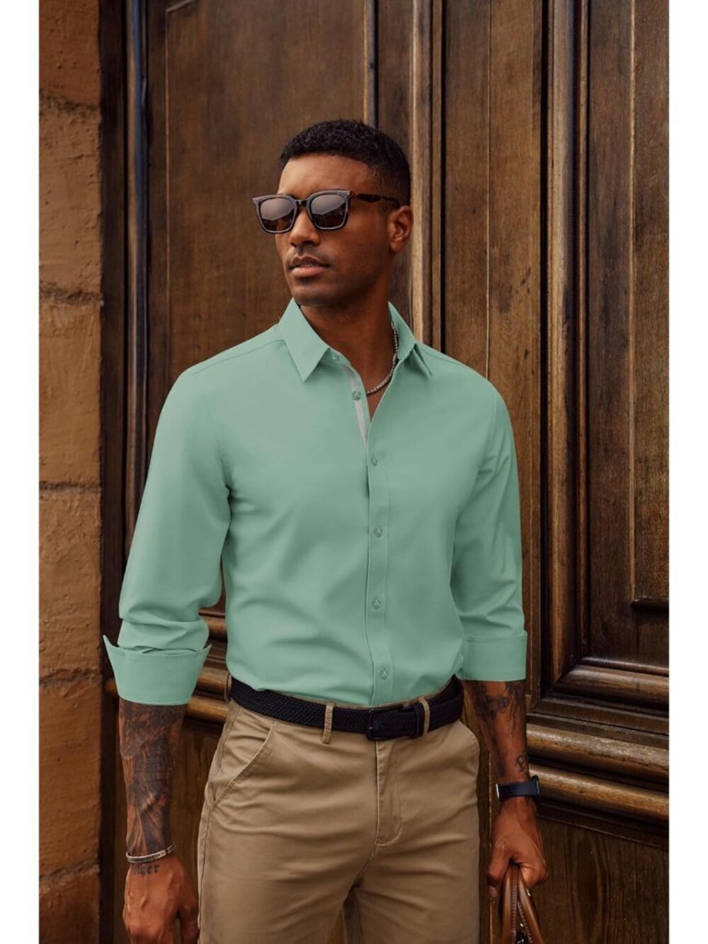 Men's Green Dress Shirt Wrinkle Free Stretch Button Down Casual Slim Fit - Picture 3 of 6
